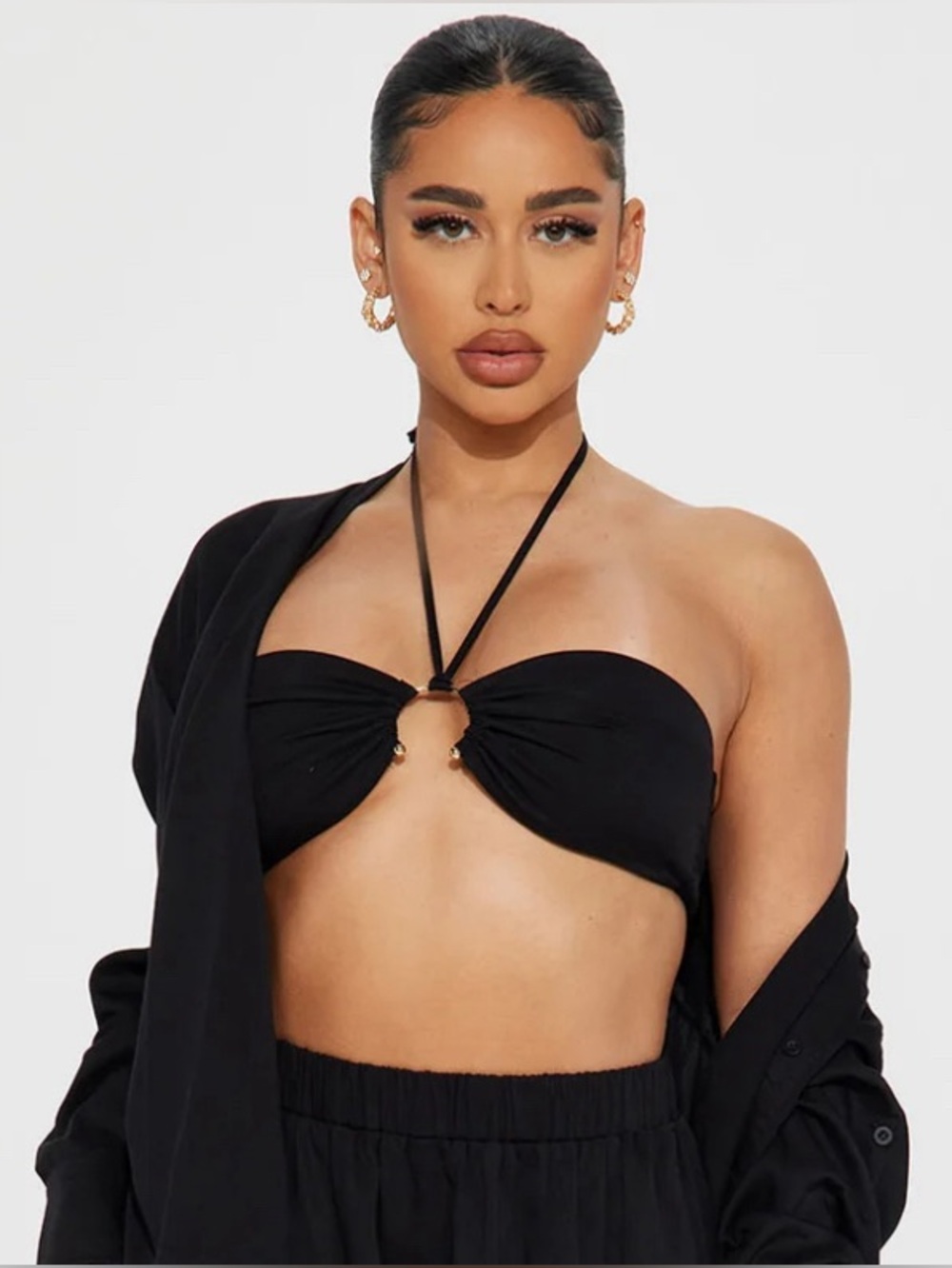 Black Halter Bandeau Top With Gold Detail